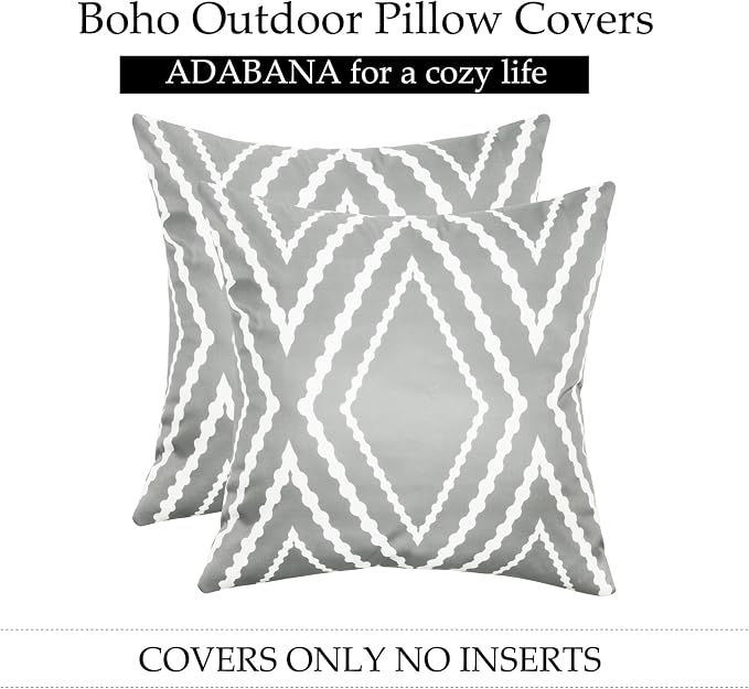 Adabana Outdoor Waterproof Pillow Covers 18x18 Gray | Geometric Decorative Throw Pillow Covers Set of 2 for Patio, Garden, Porch, Farmhouse