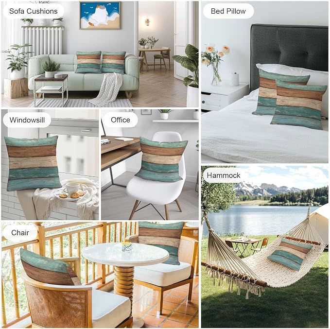 Outdoor Throw Pillows Covers 20X20 Set of 2 Waterproof Teal Turquoise Green Brown Decorative Zippered Cushion Covers for Patio Furniture, Farmhouse Retro Rustic Barn Wood Texture Lumbar Pillowcases