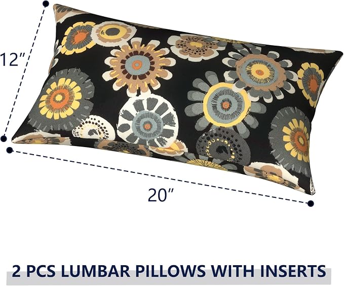 Outdoor Lumbar Pillows 12x20 inch, Rectangle Throw Pillows with Inserts, Decorative Lumbar Cushions for Patio Furniture Garden Couch Home Sofa Office Chair, Pack of 2,Black Yellow Crosby
