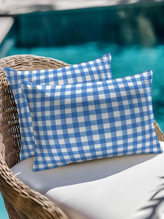 Outdoor Waterproof Throw Pillows Light Blue Gingham Check Patio Pillows Pack of 2,Decorative Pillow Covers with Insert,Pillow Cushion Case for Garden Couch Sofa Country Classic Plaid