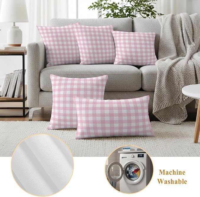 Light Pink Checks Outdoor Pillow Covers 24"x24" Set of 2, Gingham Plaid Abstract Modern Minimalist Waterproof Throw Pillow Covers for Patio Furniture, Decorative Cushion Covers for Porch
