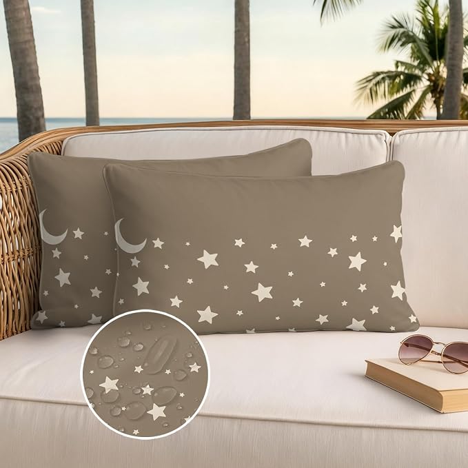 Stars Moon Waterproof Outdoor Pillow Covers Set of 2 Home Decor, Starry Night Khaki Lumbar Pillowcase Patio Pillow Covers for Couch Bench Patio Furniture Garden 20x12in