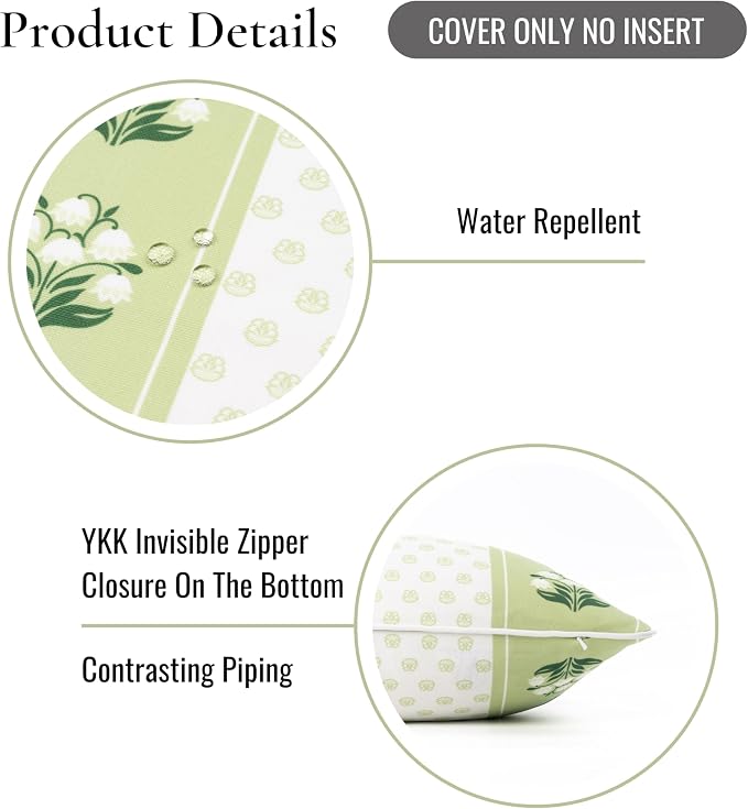 Hofdeco Premium Grandmillennial Coastal Hampton Patio Indoor Outdoor Throw Pillow Cover Only, 20"x20" Water Repellent for Backyard, Couch, Poolside, Grass Green Print Block Striped Lily of the Valley