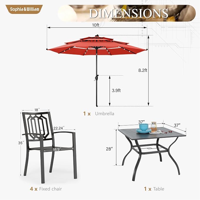 Sophia & William Patio Dining Set for 4 with 10ft 3 Tier Auto-tilt Umbrella, Outdoor Table Furniture Set with 4 x Metal Outdoor Chairs, 1 x Metal Square Dining Table and 1 Orange Red Patio Umbrella