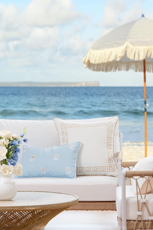Hofdeco Premium Coastal Patio Indoor Outdoor Throw Pillow Cover Only, 20"x20" Water Repellent for Backyard, Couch, Neutral Tan Embroidered Greek Key with Piping