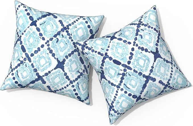 Outdoor Pillows for Patio Furniture 18x18 inch, Square Outdoor Throw Pillows with Inserts, Decorative Toss Pillows for Garden Couch Home Sofa Office Chair, Pack of 2, Boho Geometry Blue