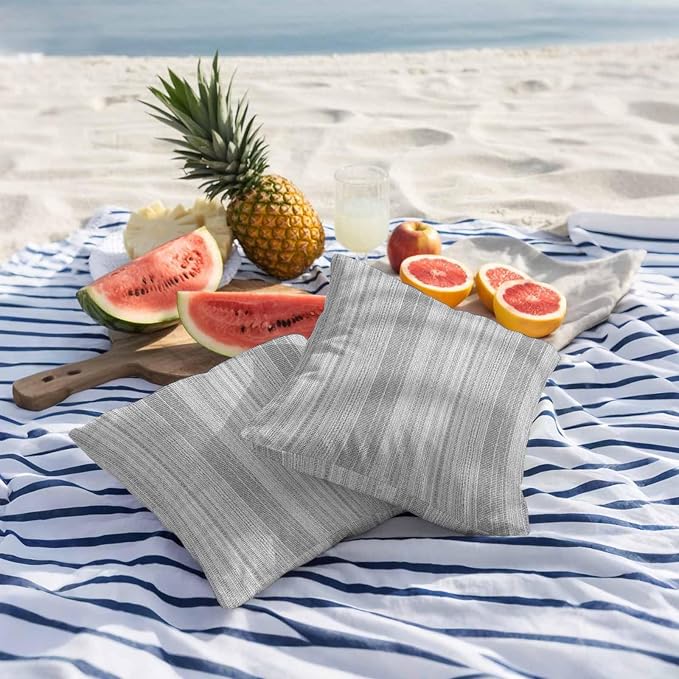 Abstract Gray Outdoor Pillow Covers 18"x18" Set of 2, Rustic Farmhouse Minimalist Grey Vertical Striped Lines Waterproof Throw Pillow Covers for Patio Furniture, Decorative Cushion Covers for Porch