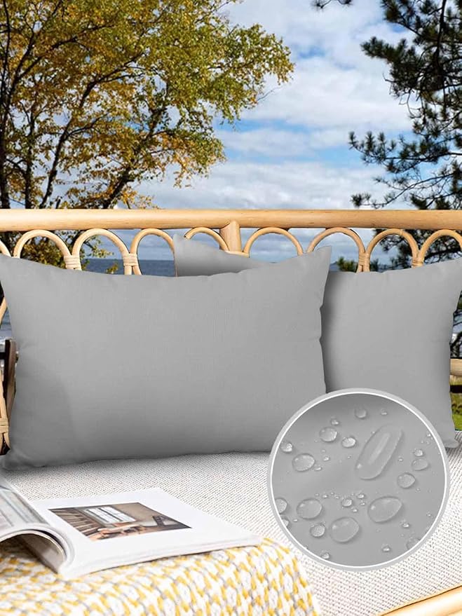 Outdoor Waterproof Throw Pillow Covers Set of 2 Gray Lumbar Pillowcases 20x12 Inches Simple Style Patio Decorative Pillows Cushion Case Patio Pillows for Couch Bed Chair Garden
