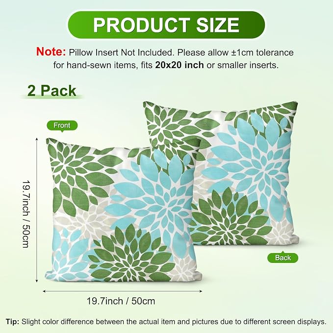 M METERXITY 2-Pack Pillow Cover 20x20 Linen, Sky Blue Green Gray | Water Resistant Floral Decor Slipcover, for Patio, Balcony, Garden, Outdoor Pillow Case