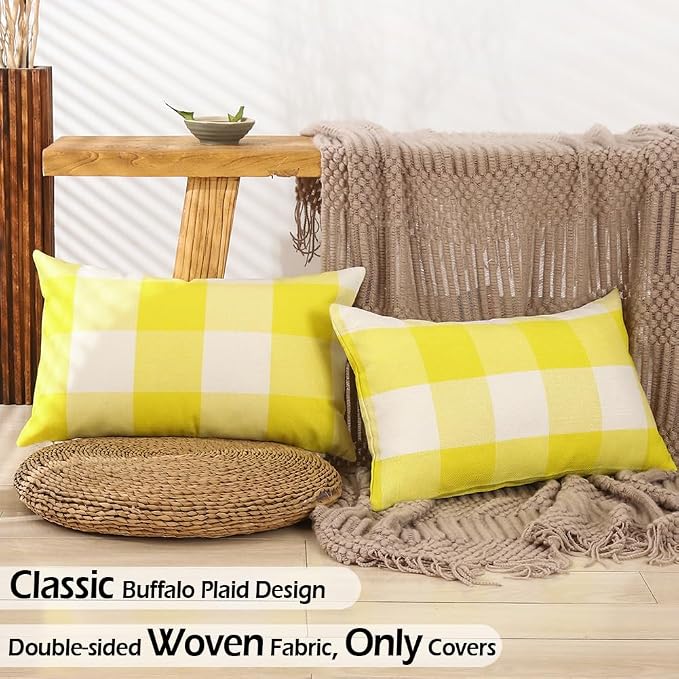 CARRIE HOME Yellow Plaid Summer Outdoor Lumbar Pillow Covers 12x20 Set of 2, Bright Lemon Yellow Buffalo Check Plaid Lumbar Pillows, Porch Decorative Pillows for Patio Furniture (No Pillow Insert)