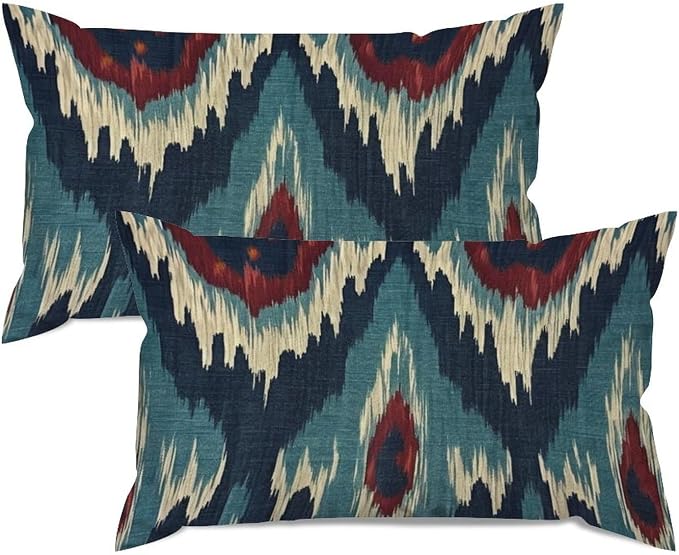 Zipped Pillow Cases for Home Decor Blue Green Red Cream Ikat Pattern Throw Pillow Cover Set of 2 Farmhouse Cushion Cover Cases for Living Room Club Home Decor 12x20in