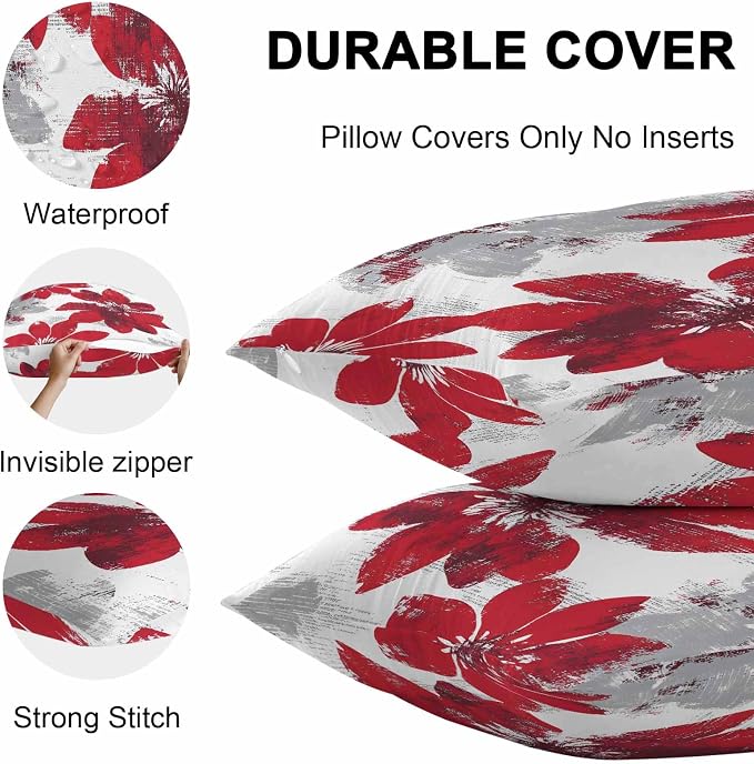 Vandarllin Outdoor Throw Pillows Covers 16x16 inch Set of 2 Waterproof Red Sunflower Decorative Zippered Cushion Covers for Patio Furniture, Flower Field Lumbar Pillowcases
