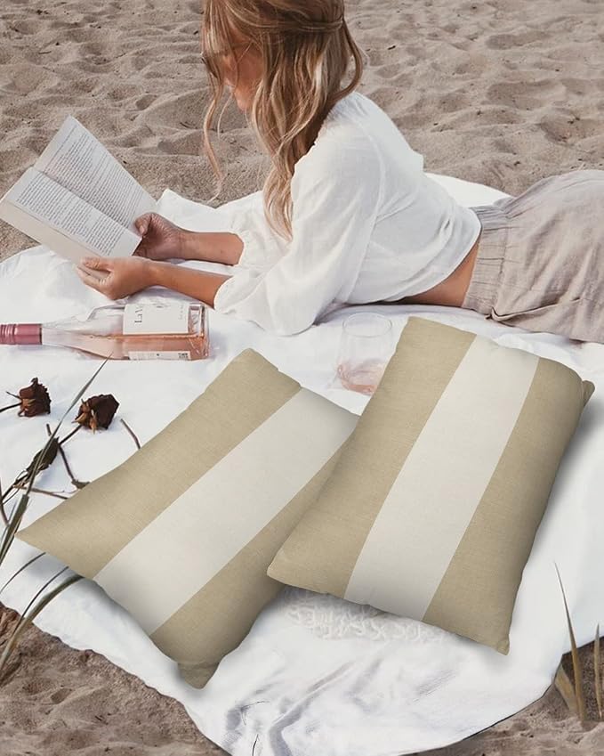 Vandarllin Outdoor Throw Pillows Covers 12X20 Set of 2 Waterproof Farmhouse Khaki Beige Decorative Zippered Lumbar Cushion Covers for Patio Furniture, Burlap Background