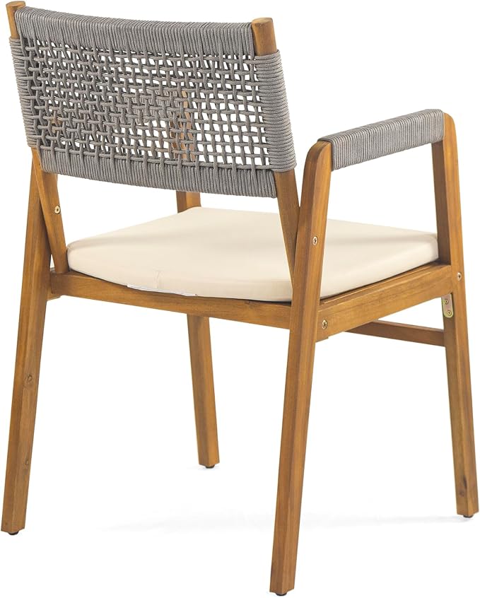 Christopher Knight Home Sky Acacia Wood Dining Table Set for 6, 7 Piece Patio Extendable Dining Table and Dining Chairs Set of 6 with Cushions & Rope Accents, Patio Furniture Set, Teak+Beige+Grey