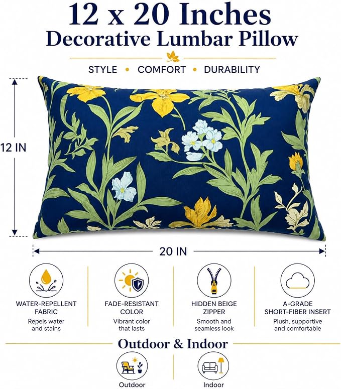 Pack of 2 Patio Lumbar Pillows 12"x20" | Fade Resistant Outdoor Waterproof Lumbar Pillow with Inners Decorative Garden Lumbar Cushions for Home Patio Terrace Sofa