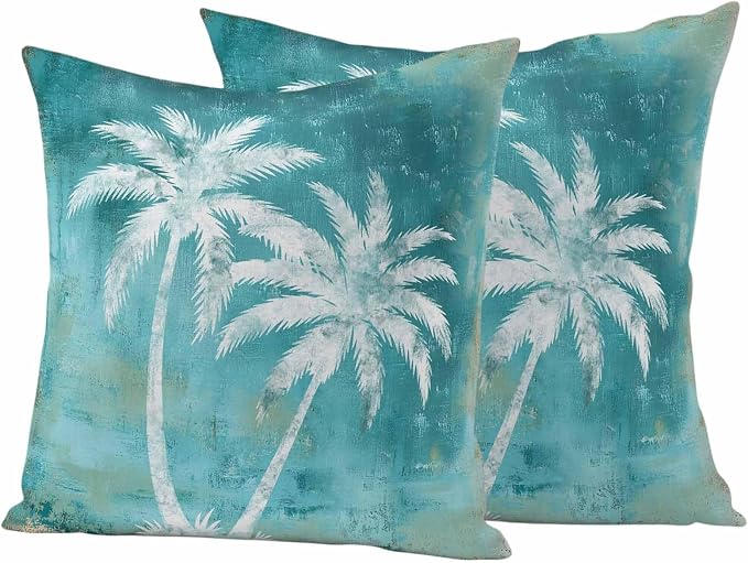 Coastal Beach Tree Teal Outdoor Waterproof Pillow Covers, Tropical Botanical Decorative Square Throw Pillowcase, Palm Tree Vintage Sofa Cushion Sham for Patio/Couch/Chair, 24"x24" 2 Pack