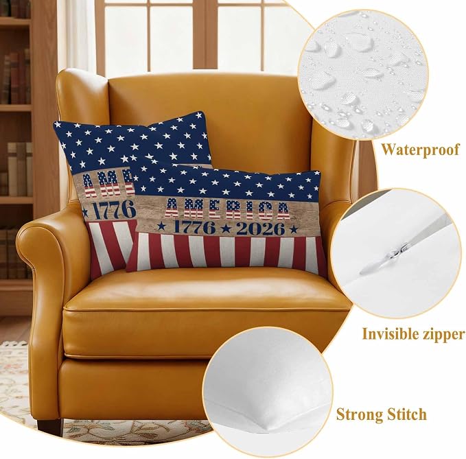250th Anniversary Outdoor Pillow Covers 20"x20" Set of 2, Waterproof Throw Pillow Covers for Patio Furniture, USA Flag Red Striped Blue Star Retro Decorative Cushion Covers for Porch