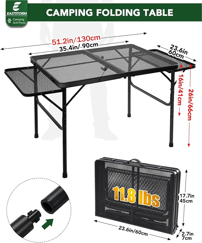 3ft Folding Camping Table with Wing Panels, Metal Mesh Grill Table,2 Adjustable Heights,Folding Table with Storage Net, Paper Towel Holder, Hooks, Trash Bag Rack, for Picnic,Camping,BBQ,Beach(Black)