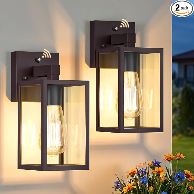 FOLKSMATE 2 Pack Dusk to Dawn Outdoor Wall Light Fixtures, Exterior Porch Light, Waterproof Wall Sconces Lanterns, Sensor Lighting Wall Mount for House Doorway Garage, Dark Chocolate