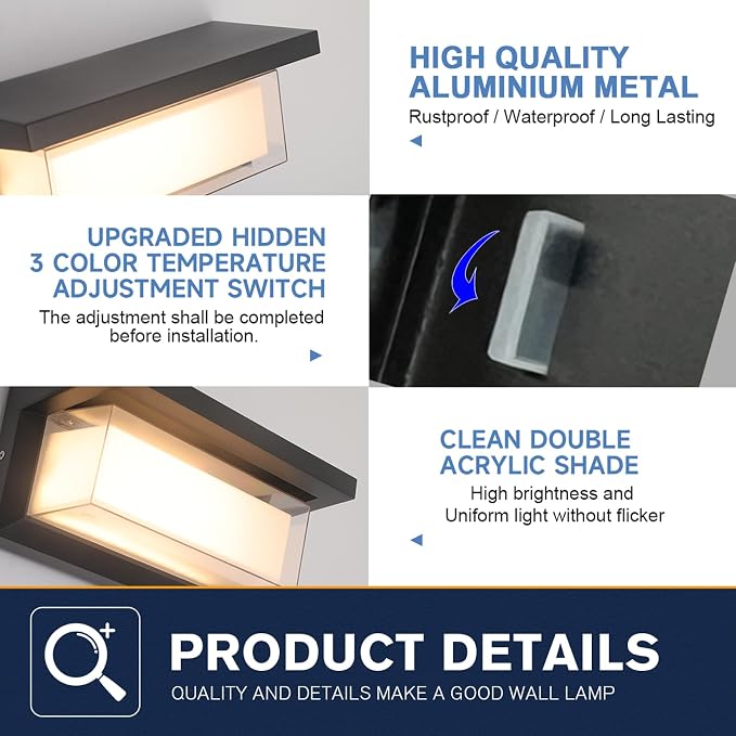 2 Pack 24W LED Outdoor Wall Lights Exterior/Interior Adjustable 3-Color Sconces Lights 2100LM IP65 Waterproof Modern Outdoor Wall Mount Lighting Fixtures Aluminum Wall Lights Compatible with Dimmers