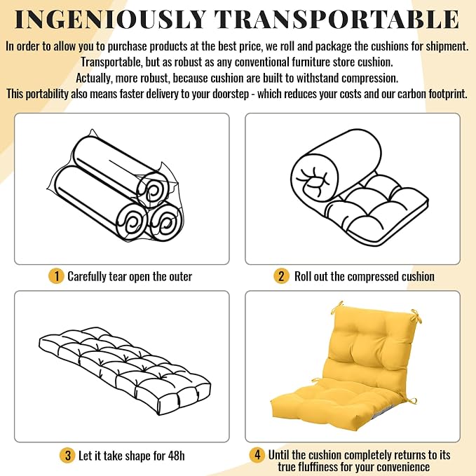 Marsui 4 Pcs Outdoor Indoor High Back Chair Cushions Patio Furniture Tufted Pillow with Ties Water-Resistant Replacement Outdoor Rocking Chair Cushions, 42 x 21 Inches (Yellow,Solid Color)