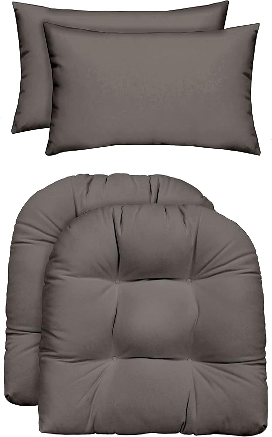RSH DECOR: Tufted U-Shapes & Lumbars 2 of Each | 22" x 22” & 20" x 12" | Water-Resistant Spun Fabric | Outdoor Wicker Cushions & Support Pillows for Patio Furniture | Gray/Grey