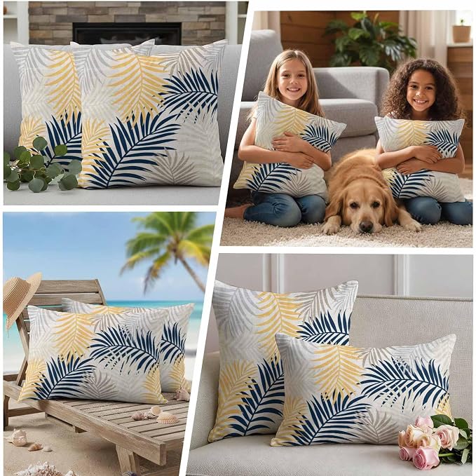 Outdoor Waterproof Throw Pillow Covers, Blue Yellow Palm Leaves Decorative Pillow Cases, Summer Botanical Tropical Leaf Couch Pillow Protector Patio Sofa Cushion Covers Replacement 18"x18" 2 Pack