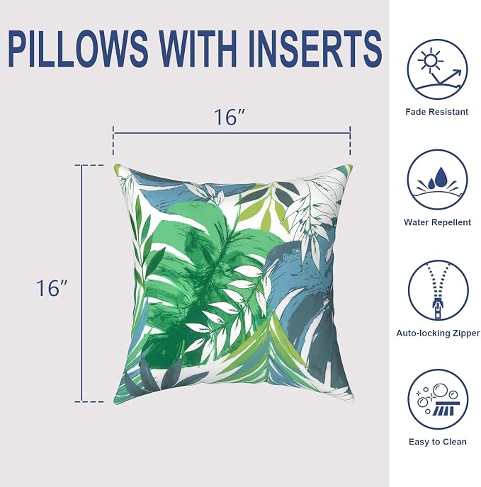 Outdoor Throw Pillows 16x16 Inch, Water Repellent Patio Pillows with Inners Set of 2 for Patio Furniture Home Garden, Islamorada Blue Green