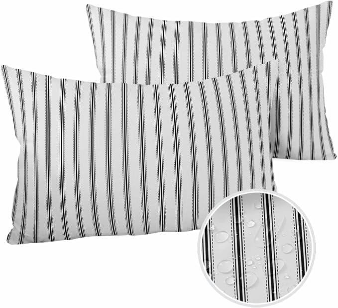 Outdoor Waterproof Throw Pillow Covers Set of 2 Black Stripe Lumbar Pillowcases 20x12 Inches Vertical Striped Patio Decorative Pillows Cushion Case Patio Pillows for Couch Bed Chair Garden