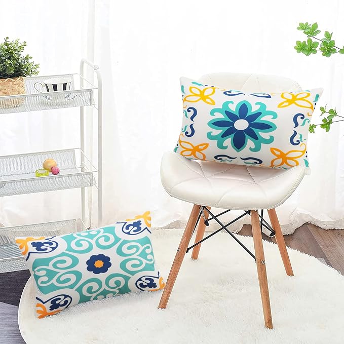 Pyonic Outdoor Waterproof Lumbar Pillow Covers 12x20 Inch Set of 4 | Floral Printed and Boho Farmhouse Outdoor Pillow Covers for Patio Funiture Garden ,Blue
