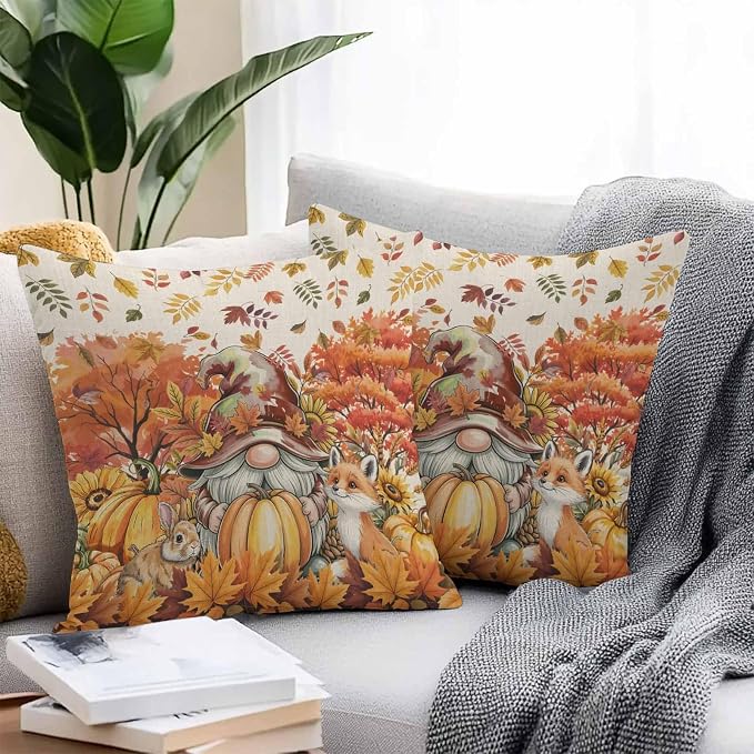 Fall Gnomes Pumpkin Outdoor Waterproof Pillow Covers, Maple Leaves Animal Country Vintage Decorative Square Throw Pillowcase Sofa Cushion Sham for Patio/Couch/Chair, 18"x18" 2 Pack