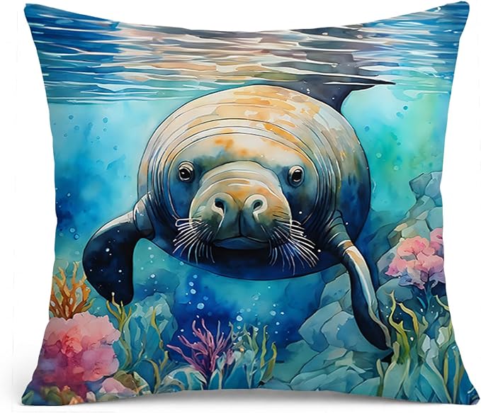 Caroline's Treasures Manatee Throw Pillow Machine Washable, Indoor Outdoor Decorative Pillow for Couch, Bed or Patio, 14Hx14W