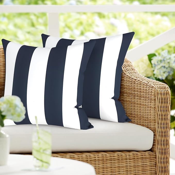 DYTXIII Pack of 2 Outdoor Waterproof Pillow Covers ONLY, 18"x18" Square Decorative Double Printed Throw Pillow Cases for Patio Couch Porch Furniture, Cabana Navy