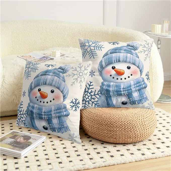 Lovely Blue Snowman Pillow Covers Winter Throw Pillow Case 18x18 Set of 2 Snowflakes Pillowcase Holiday Cushion Case for Living Room Bedroom Couch Sofa
