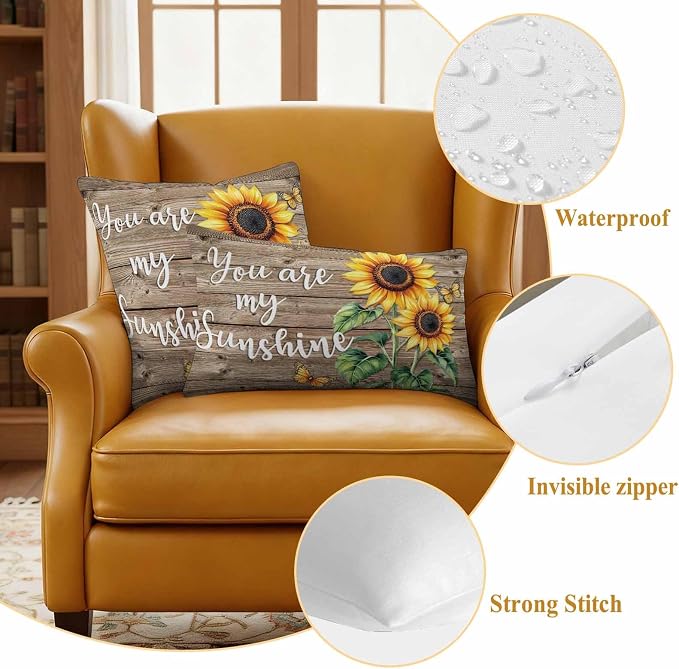 Sunflower Outdoor Waterproof Throw Pillow Covers Set of 2, 24"x24", You are My Sun Shine Vintage Brown Wood Board Decorative Pillow Covers Outside Cushion Case for Patio Porch Garden