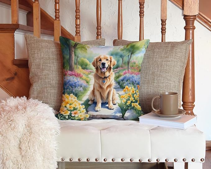 Caroline's Treasures Golden Retriever Spring Path Throw Pillow Machine Washable, Indoor Outdoor Decorative Pillow for Couch, Bed or Patio, 14Hx14W