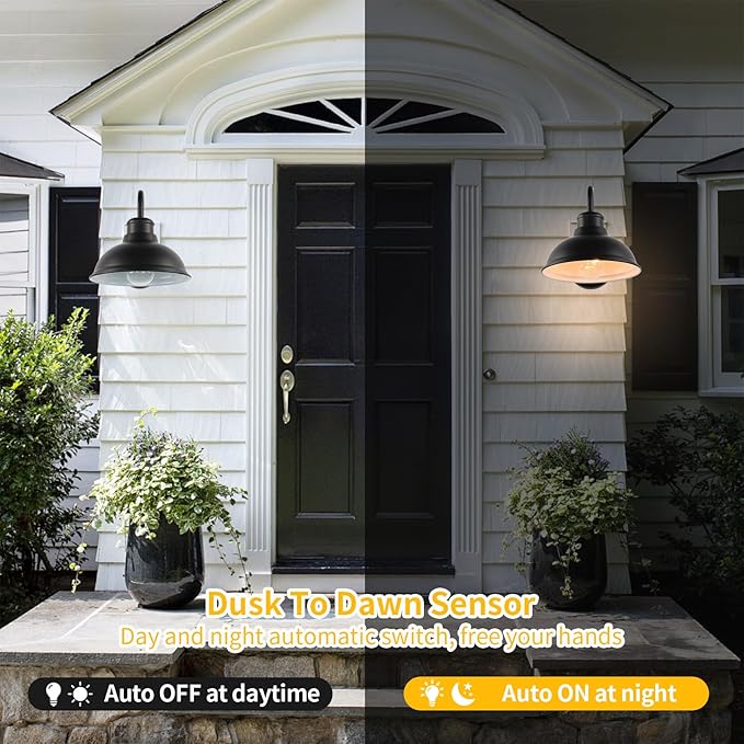Dusk to Dawn Barn Lights Outdoor Wall Light 8" Exterior Lighting Fixtures | Anti-Rust Waterproof Farmhouse Industrial Vintage Matte Black Wall-Mount for Porch/Garage/Patio Yard ETL Listed