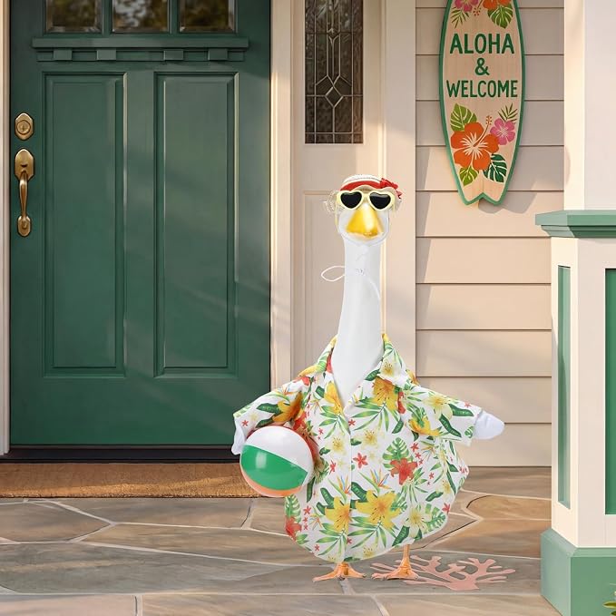 Hawaiian Beach Porch Goose Outfits for 23 Inch Statue | Summer Tropical Shirt with Swim Ball Costume for Cement Statue, Luau Sculpture Clothes for Swimming Pool Party Decoration