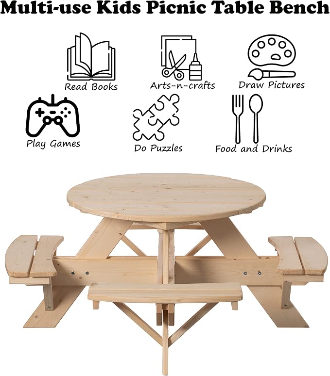 Gardenised Wooden Kids Round Picnic Table Bench, Outdoor Children's Backyard Table, Crafting, Dining, and Playtime Patio Table