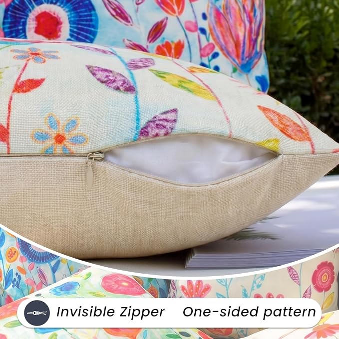 Colorful Floral Outdoor Throw Pillow Covers 18x18 Waterproof, Set of 4 | Floral Pillow Cases, Flower Decor, Spring Summer Outdoor Pillows for Patio Furniture Porch, No Decorative Pillow Inserts