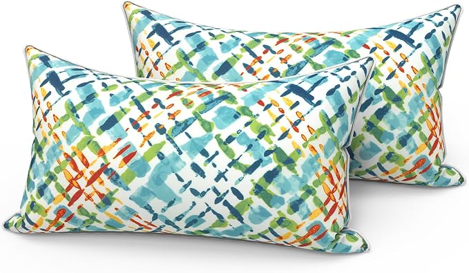 LVTXIII Set of 2 Outdoor Lumbar Pillows for Patio Furniture with White Piping, 12"x20" Fade Resistant Patio Lumbar Pillows with Inserts for Home Coach Sofa Use, Acapa Opal Geometric