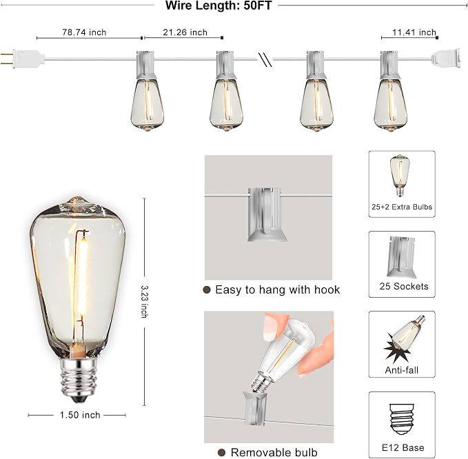 Outdoor String Lights White 50FT Waterproof Patio Lighting for Bistro Cafe | 50FT Connectable White Outdoor Lights, 27 Plastic Dimmable Edison Bulbs for Wedding Porch Garden Gazebo Balcony Deck Yard