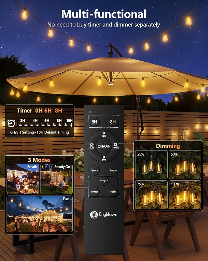 Brightown 151FT Solar String Lights Outdoor, 48+2 Shatterproof LED Lights | Waterproof, Remote Control, Dimmable, Timer, 3 Light Modes, Commercial Grade Patio Lights for Garden, Backyard, Party Decor