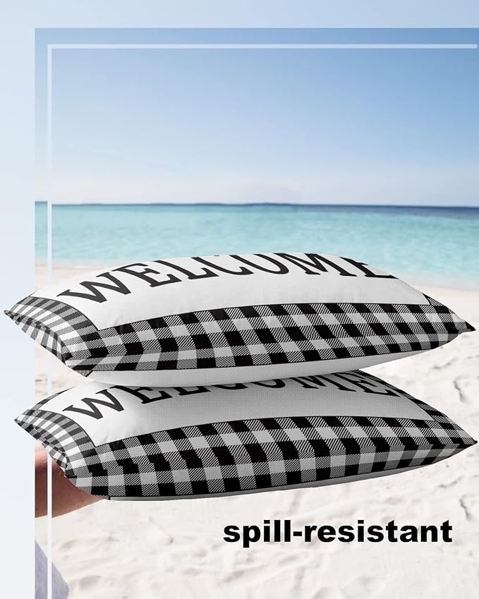 Outdoor Waterproof Pillow Covers for Patio Furniture Black Buffalo Check Plaid Decorative Throw Pillow Cover Welcome Pillowcases Set of 2 Cushion Case for Sofa Couch Chair Home Decor 20x12 inch