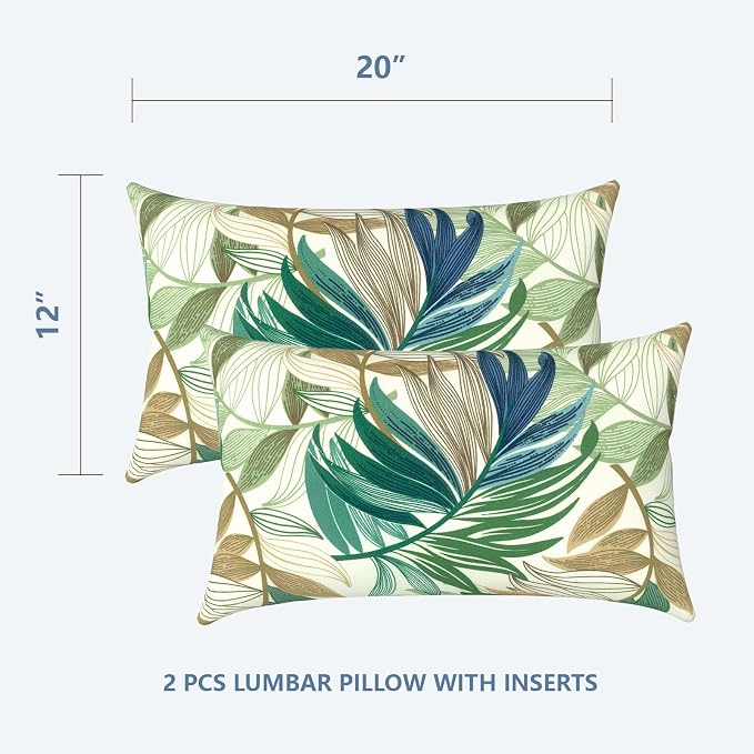 LVTLVTXIII 12×20 Inch Outdoor Lumbar Pillows, Pack of 2 Water Repellent Lumbar Pillow with Inserts, Fluffy Decorative Garden Lumbar Cushions for Home Patio Coach Sofa Use, Lush Leaf Green