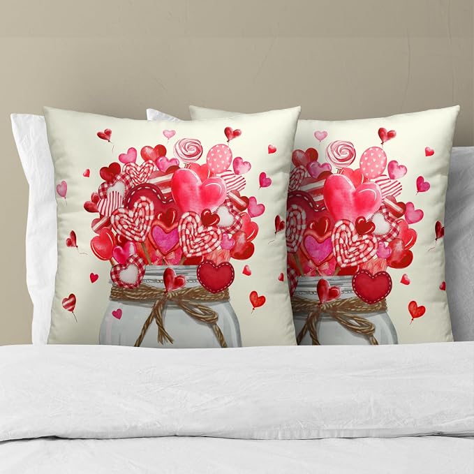Valentines Day Throw Pillow Covers 18x18 Set of 2, Cute Love Heart Candy Canes Decorative Pillowcases Square Cushion Cover for Couch Bed Sofa Anniversary Wedding Home Decor