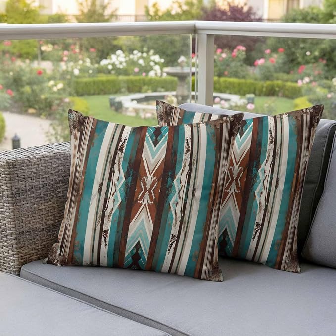 Ethnic Tribal Stripes Outdoor Pillow Covers 24"x24" Set of 2, Retro Vintage Geometric Teal Brown Stripes Waterproof Throw Pillow Covers for Patio Furniture, Decorative Cushion Covers for Porch
