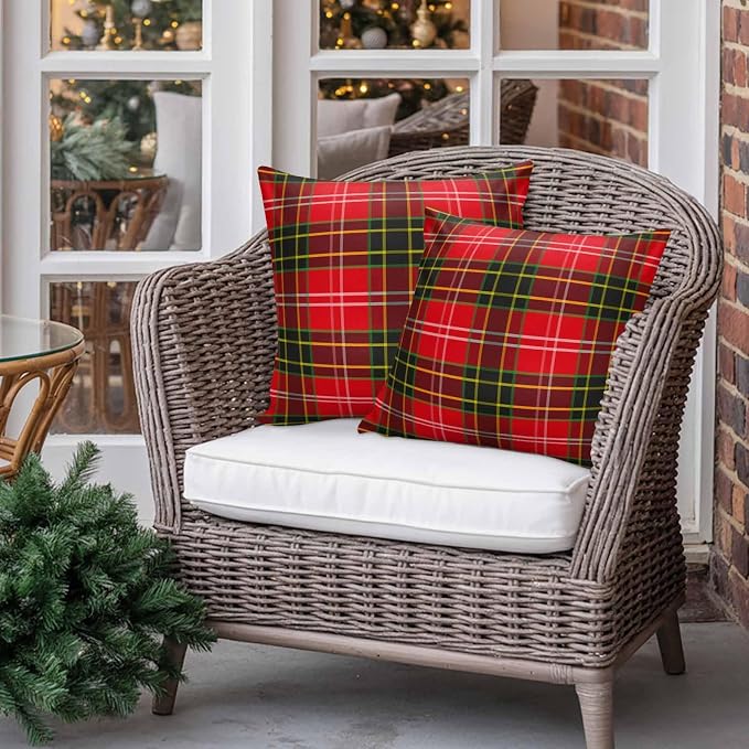 Outdoor Waterproof Throw Pillow Covers, Merry Christmas Red and Green Gingham Tartan Plaid Vintage Farmhouse Decor Pillowcases Cushion Covers Cases for Patio Couch Bench, Pack of 2 Square, 18X18 Inch