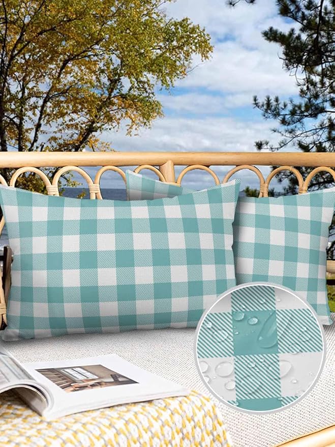Outdoor Waterproof Throw Pillow Covers Set of 2 Teal Green White Check Plaid Lumbar Pillowcases 20x12 Inches Farmhouse Style Patio Decorative Pillows Cushion Case Patio Pillows for Couch Bed Garden