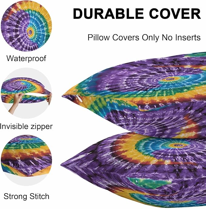 Vandarllin Outdoor Throw Pillows Covers 24x24 inch Set of 2 Waterproof Purple Tie-Dye Art Decorative Zippered Cushion Covers for Patio Furniture, Abstract Boho Tribe Lumbar Pillowcases